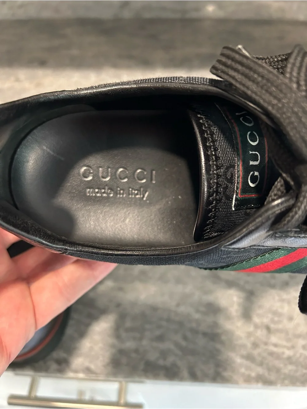 Gucci Black Leather & GG Canvas Sneaker with Red and Green Stripe Size 10 US